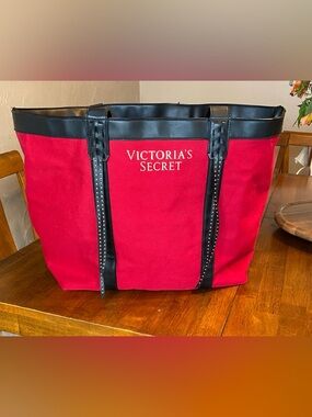 Victoria's Secret Red Canvas Tote with Black Studded Straps